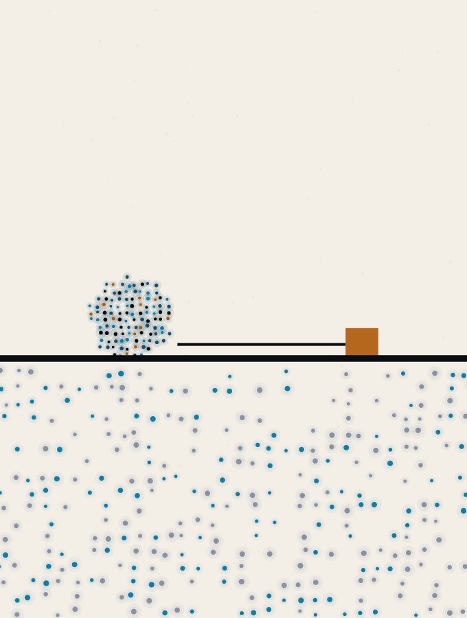 An abstract illustration in pointillist dots: a single dot-sphere resting on a wide, empty horizon, joined by a thin straight line to a small amber square a short distance away.