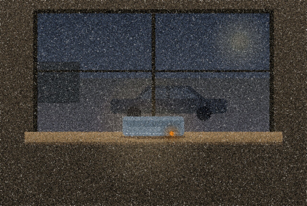 点描画：夜の窓辺に置かれた小さな布のポーチ。ガラスの向こうの車寄せに駐車中の車がかすかに見え、ポーチの縫い目に琥珀色の光が一つ。