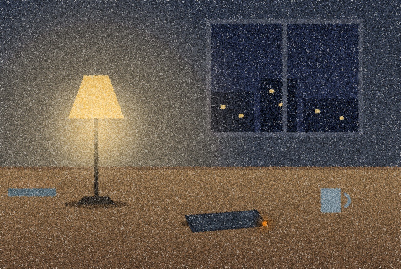 A pointillist illustration: a smartphone lying face down on a wooden desk at night beside a small reading lamp, a dark window behind with a few distant lights, with one small amber point of light at the edge of the phone.