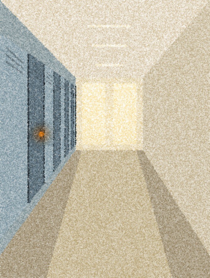 A pointillist illustration: a long, empty school corridor with a row of closed lockers on one side and tall windows at the far end letting in pale afternoon light, with one amber point of light on a locker handle.