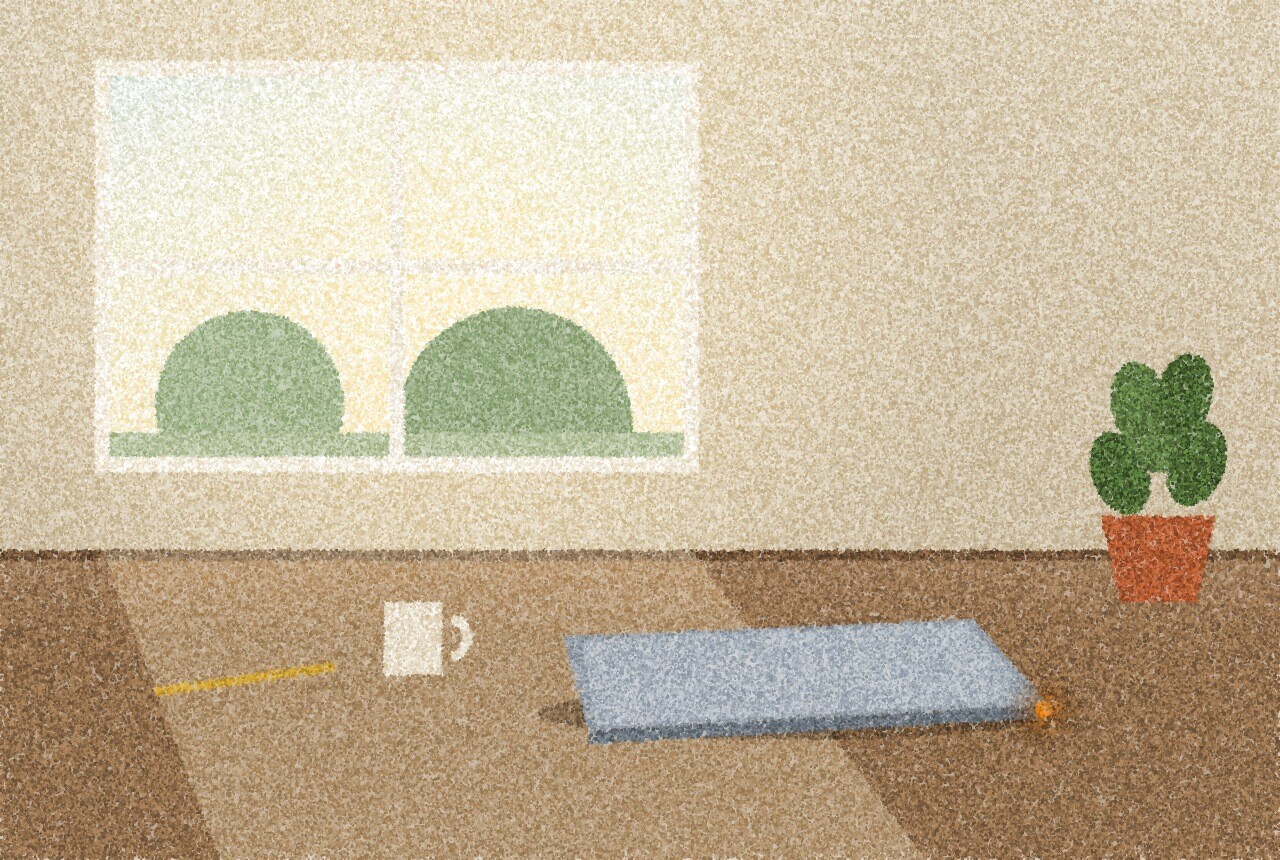 A pointillist illustration: a tidy desk by a bedroom window in soft morning light, a closed laptop, a small potted plant and a mug, with one amber point of light on the laptop&rsquo;s edge.