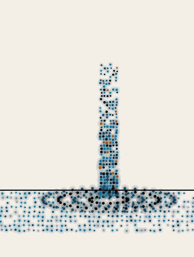 点描の抽象画:低い地平線に沿った青灰色の点の浅い帯の中に、細く高い点の柱が一本立ち、その根元から波紋のようにまばらな点の輪が外へ広がっている。上には均一な点の淡い空。