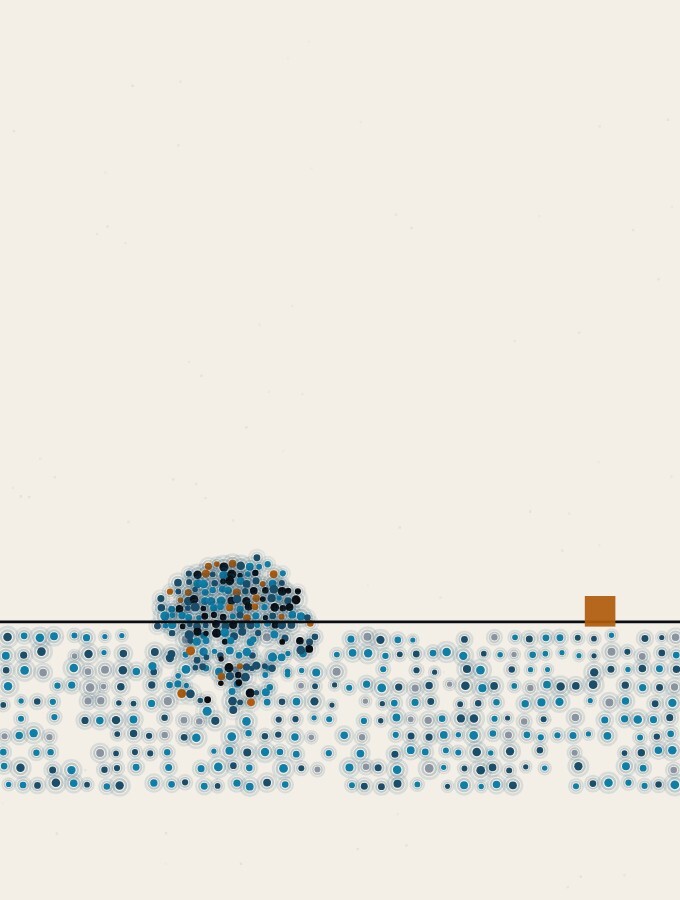 点描の抽象画:静かで平らな青い点の帯の中に、点の球がひとつ、少し後ろに傾いて半分沈んでいる。水面のすぐ上に細い直線が一本引かれ、奥の端近くの水面に小さな琥珀色の四角がひとつ浮かんでいる。