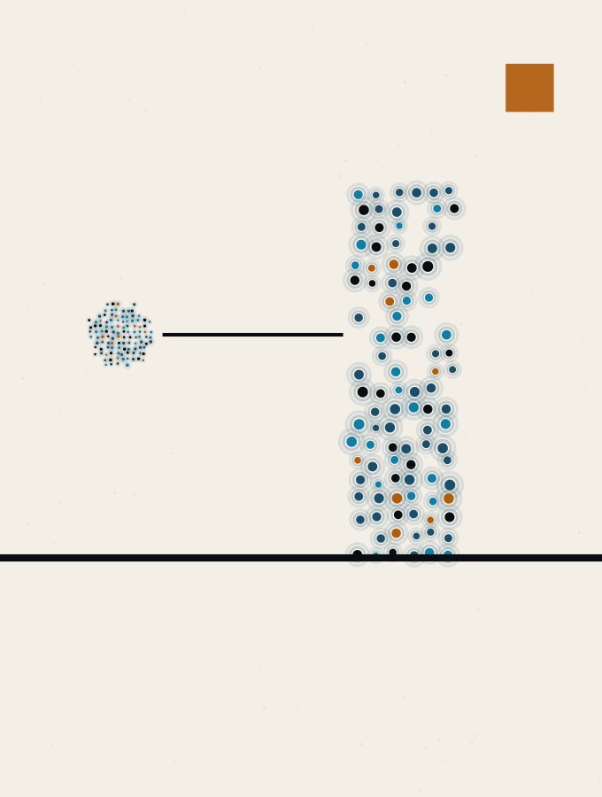 An abstract illustration in pointillist dots: a single small sphere of dense dots hanging in the air before a tall column of paler dots standing on a low horizon, with one thin straight line joining them.