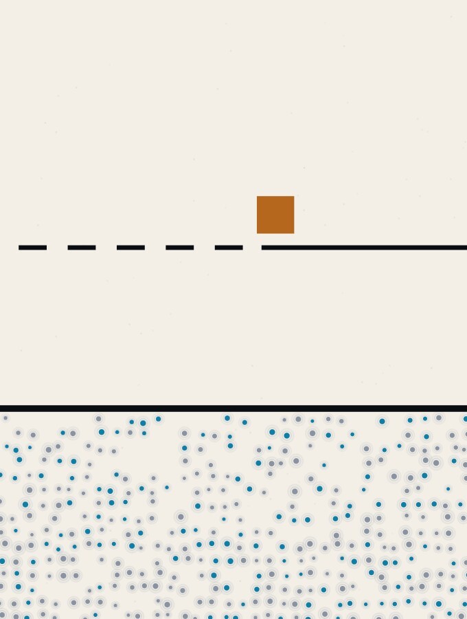 An abstract illustration in pointillist dots: a broken horizontal line of dots on a pale plain that becomes continuous again on the right, where a small amber square sits just above the join.