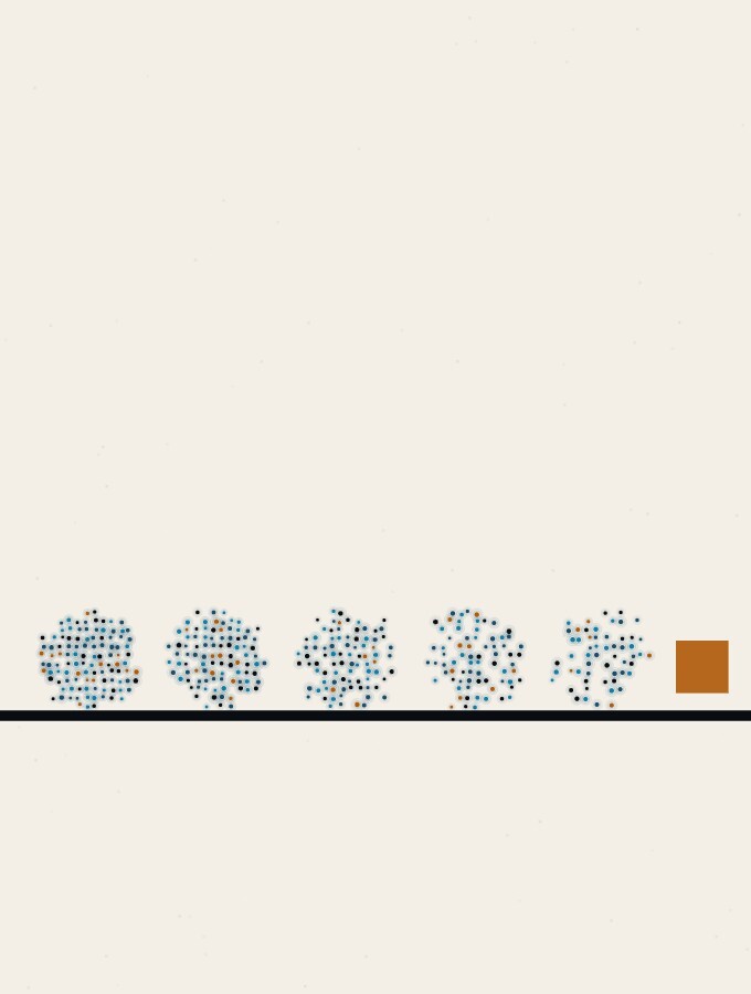 An abstract illustration in pointillist dots: a row of evenly spaced dot-spheres resting on a long horizon line, with one small amber square standing beside the last sphere like a marker.