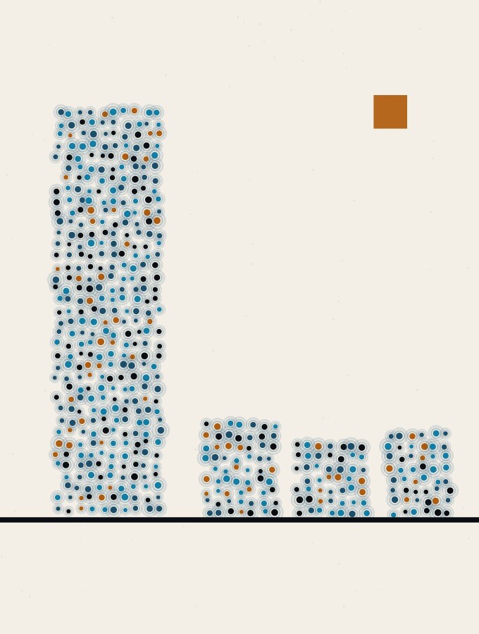 An abstract illustration in pointillist dots: one tall narrow column of dots standing on a black horizon line beside three much shorter columns, with a small amber square in the open sky.