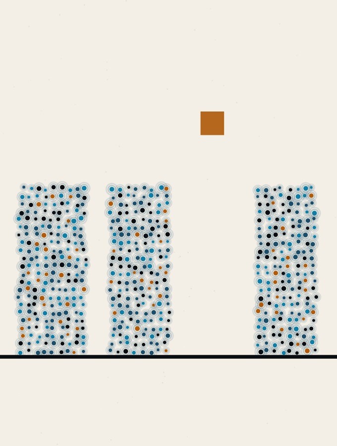 An abstract illustration in pointillist dots: three columns of dots on a horizon line separated by gaps of different widths, the middle gap the widest, with a small amber square above it.