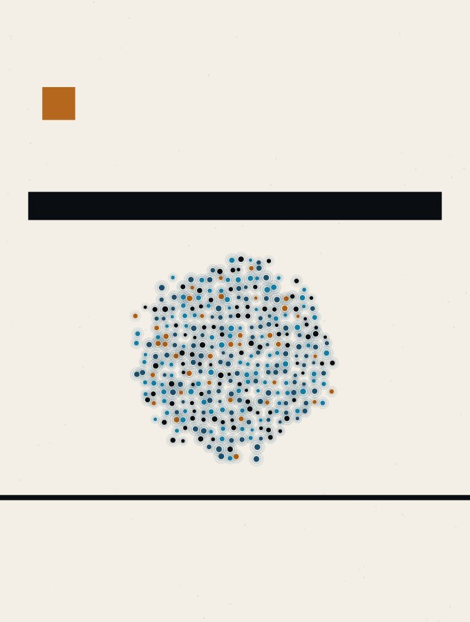An abstract illustration in pointillist dots: a sphere of dots passing through a narrow gap between a heavy black horizontal bar above and a black horizon line below, with a small amber square to one side.