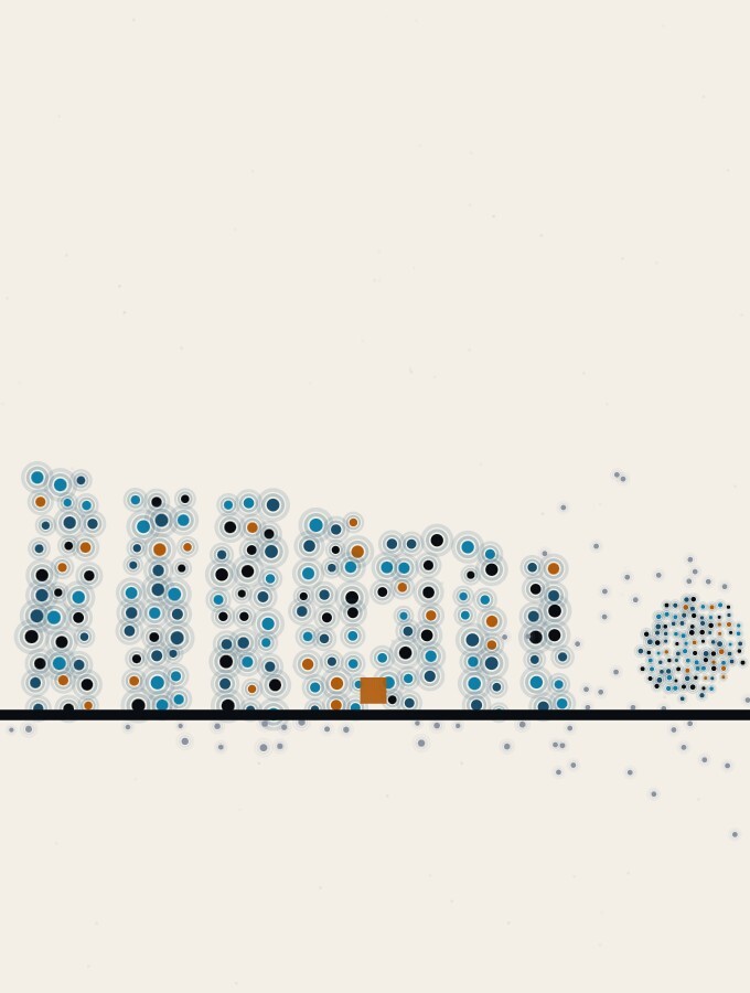 An abstract illustration in pointillist dots: a row of even dot-columns marching along a calm horizon towards a low, softened dot-sun, with regular narrow gaps between them like pauses, and one small amber square resting in one of the gaps.