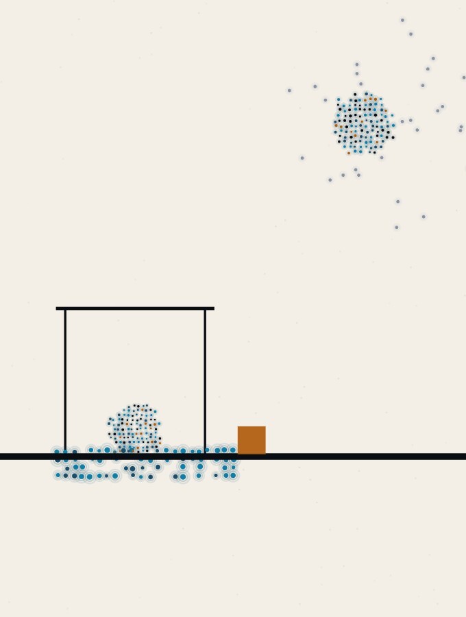 An abstract illustration in pointillist dots: a small dense dot-sphere resting in a pool of shade beneath a thin horizontal rule held up on two fine vertical lines, a pale dot-sun beyond it and one small amber square at the edge of the shade.