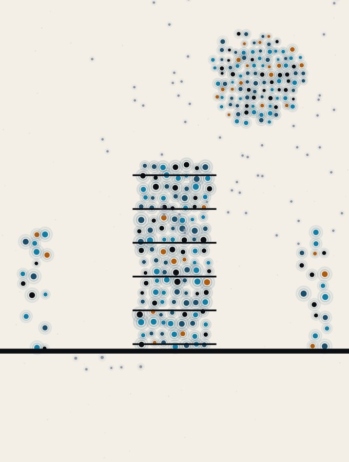 An abstract illustration in pointillist dots: one broad dot-column wrapped in several thin horizontal rules stands alone at the centre of a low horizon under a dense, glowing dot-sun, while slimmer bare columns stand back at the edges.