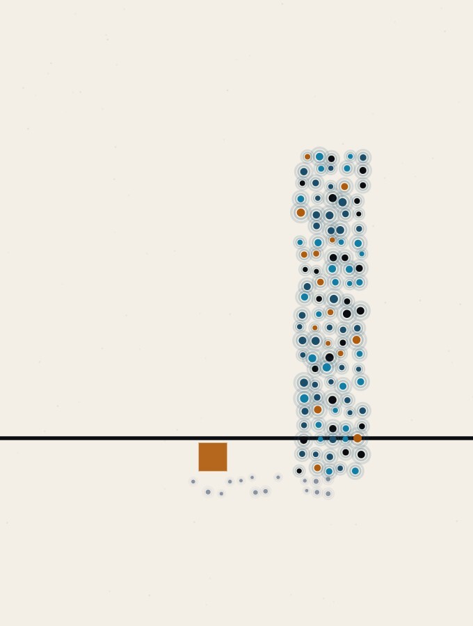 An abstract illustration in pointillist dots: a tall dot-column standing a little to one side of a long straight rule that runs across the horizon, with a small amber square resting safely in the space between them.