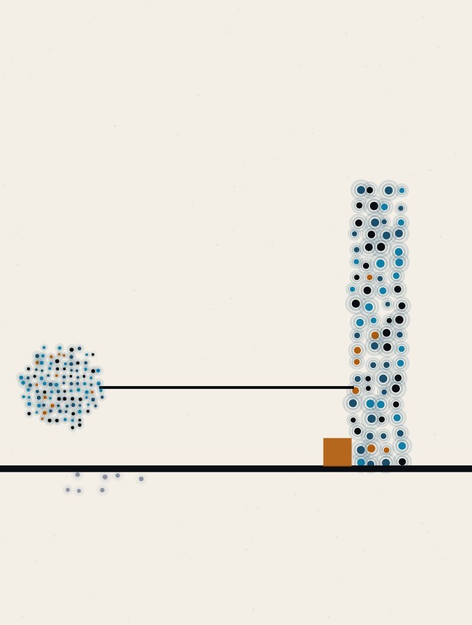 An abstract illustration in pointillist dots: a single dot-sphere suspended low over the horizon, a long thin rule running from it straight towards a tall narrow dot-column at the right, with a small amber square at the column’s foot.