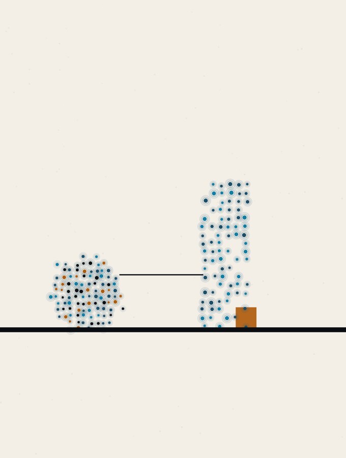 An abstract illustration in pointillist dots: a dot-sphere on the horizon at the left, and at the right a thin translucent vertical panel of sparse dots standing in front of a small amber square, a faint rule joining sphere and panel.