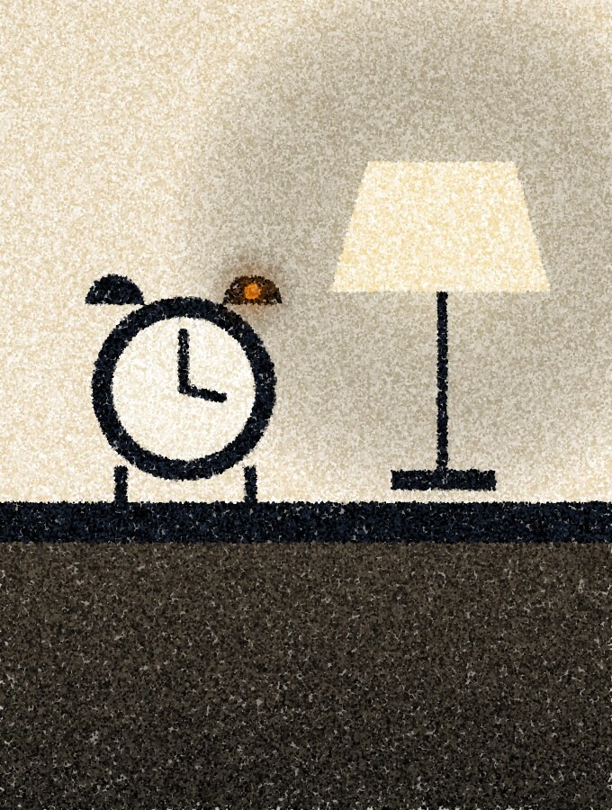 A pointillist illustration: a small bedside alarm clock on a dark table beside a pale lamp, with one amber point on the clock’s bell.