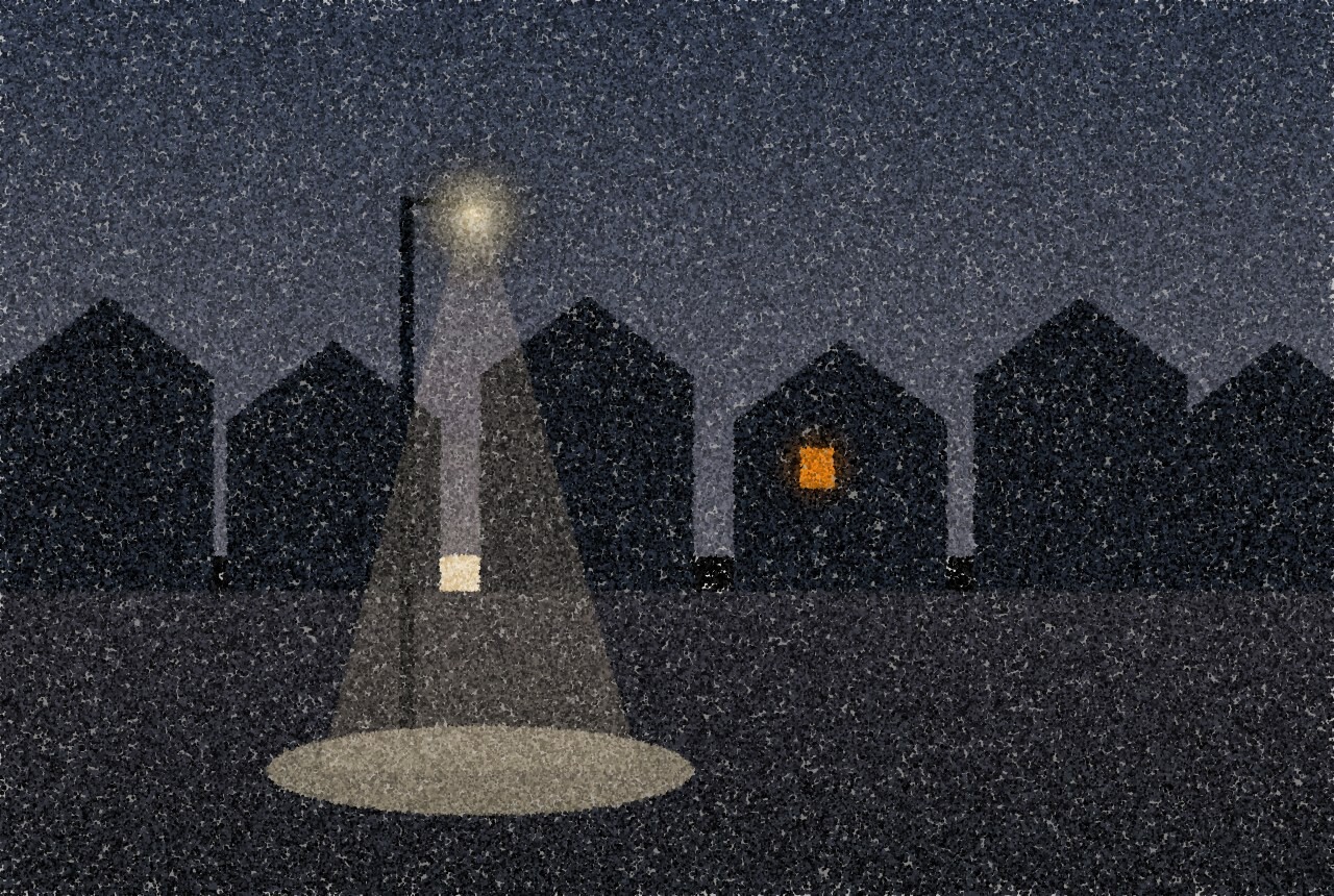 A pointillist illustration: a dark residential street before sunrise, a single street lamp casting a pale pool on the pavement, with one small amber window lit in a house.