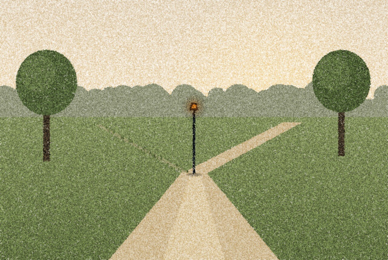 A pointillist illustration: a gravel path through a quiet park splits in two, one branch wide and worn smooth, the other narrow and half lost in grass, under soft evening light, with one small amber point of light on a lamp post at the fork.