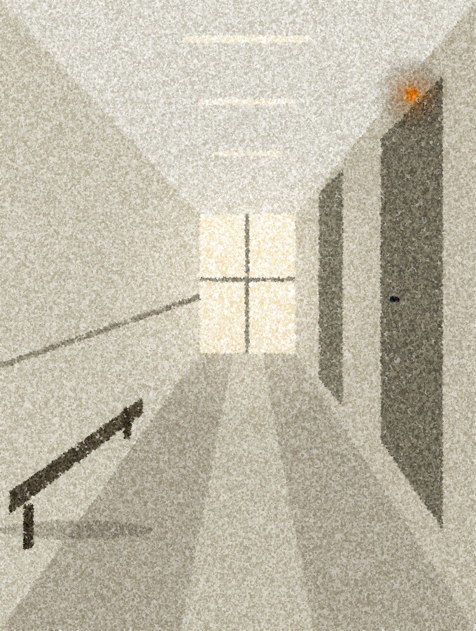 A pointillist illustration: a long, empty hospital corridor in a tall narrow frame, pale walls and a polished floor leading to a bright window at the far end, a single bench along one wall, with one amber point of light above a closed door.