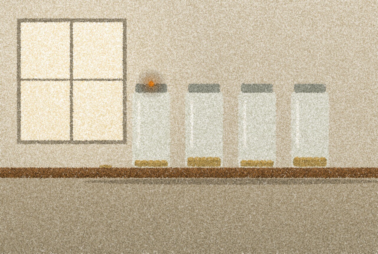 A pointillist illustration: a row of plain glass jars on a wooden shelf by a window, each holding only a thin layer of coins at the bottom, soft afternoon light on the glass, with one small amber point of light on the rim of the nearest jar.