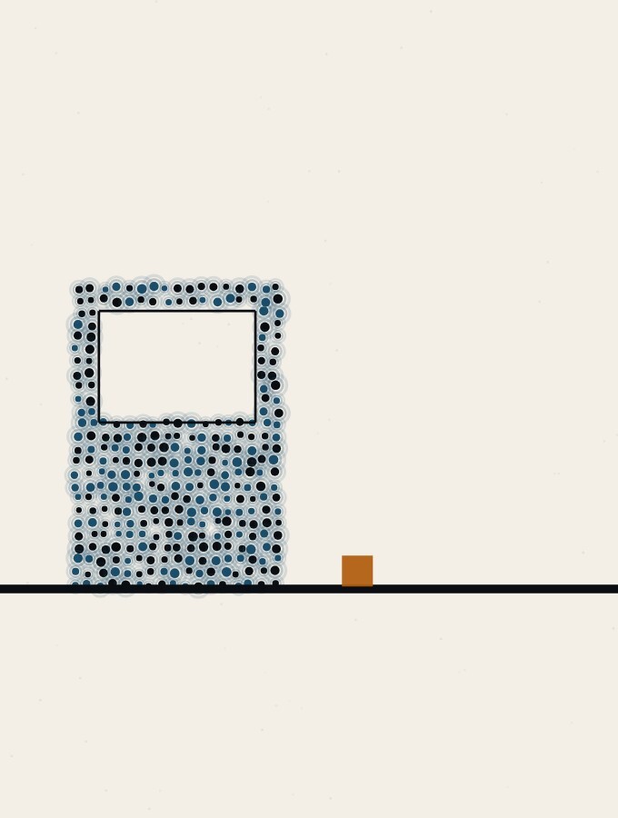 点描の抽象画：地平線に立つ背の高い暗い点のブロック。その上半分には広く澄んだ窓が切り抜かれ、根元にはまっすぐな線が走り、すぐ手前には小さな琥珀色の四角がはっきり見える位置に立っている。