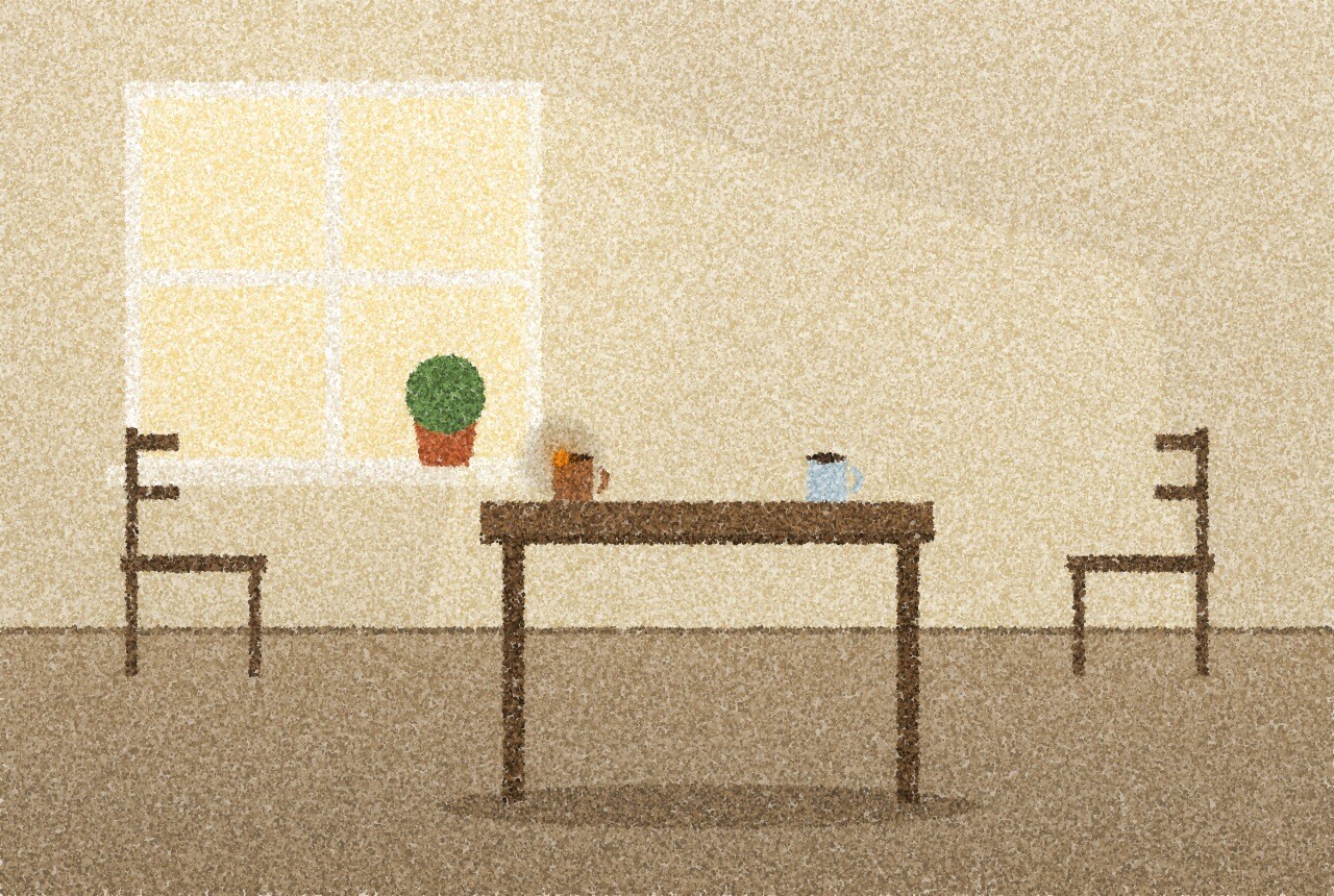 A pointillist illustration: a quiet kitchen table in soft morning light from a window, two chairs pulled slightly apart and two mugs on the table, with one small amber point of light on the rim of a mug.