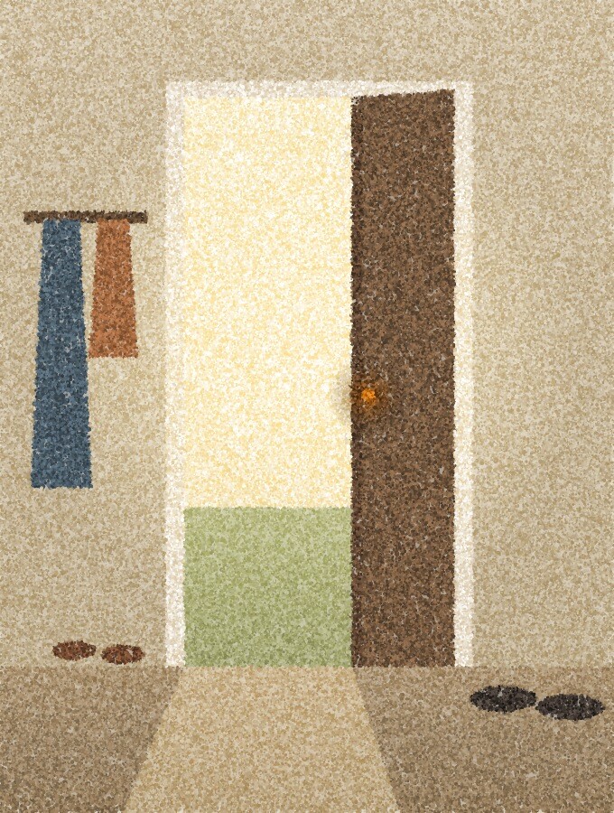 A pointillist illustration: a tall hallway with a front door standing slightly open onto daylight, two coats on hooks beside it and a small pair of shoes beneath, with one amber point of light on the door handle.