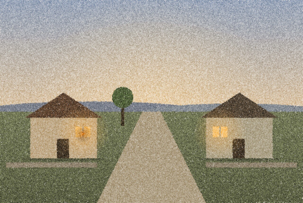 A pointillist illustration: two small houses on either side of a quiet lane at dusk, each with one warmly lit window, a low garden wall and a path between them, with one amber point of light at a window.