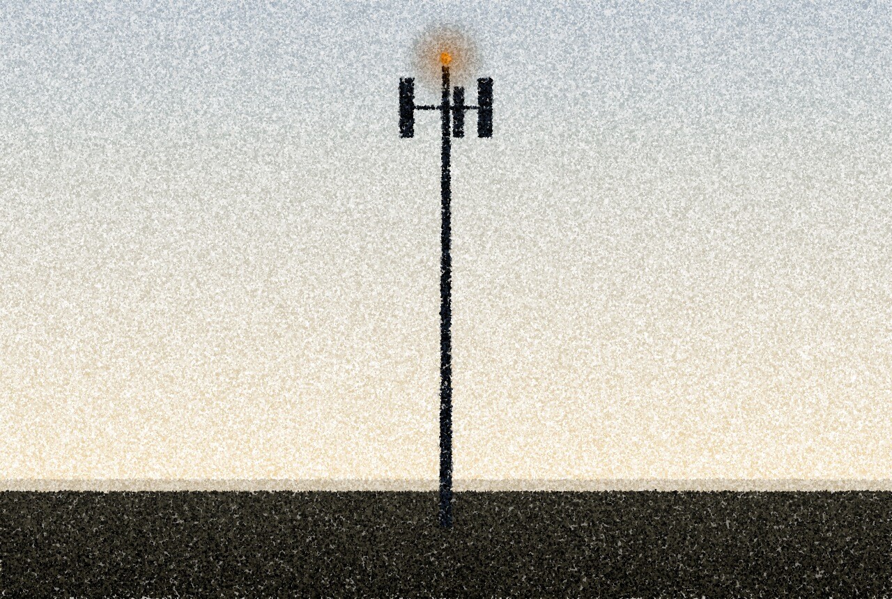 A pointillist illustration: a single slender telecommunications mast with small antenna panels standing against a bright pale evening sky above an empty field, with one amber point of light glowing at its tip.
