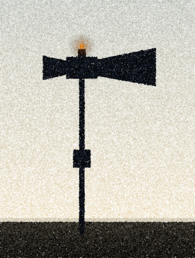 A pointillist illustration: a tall outdoor warning siren on a single pole, its horn silhouetted against a bright hazy sky over flat empty land, with one amber point of light on the siren housing.
