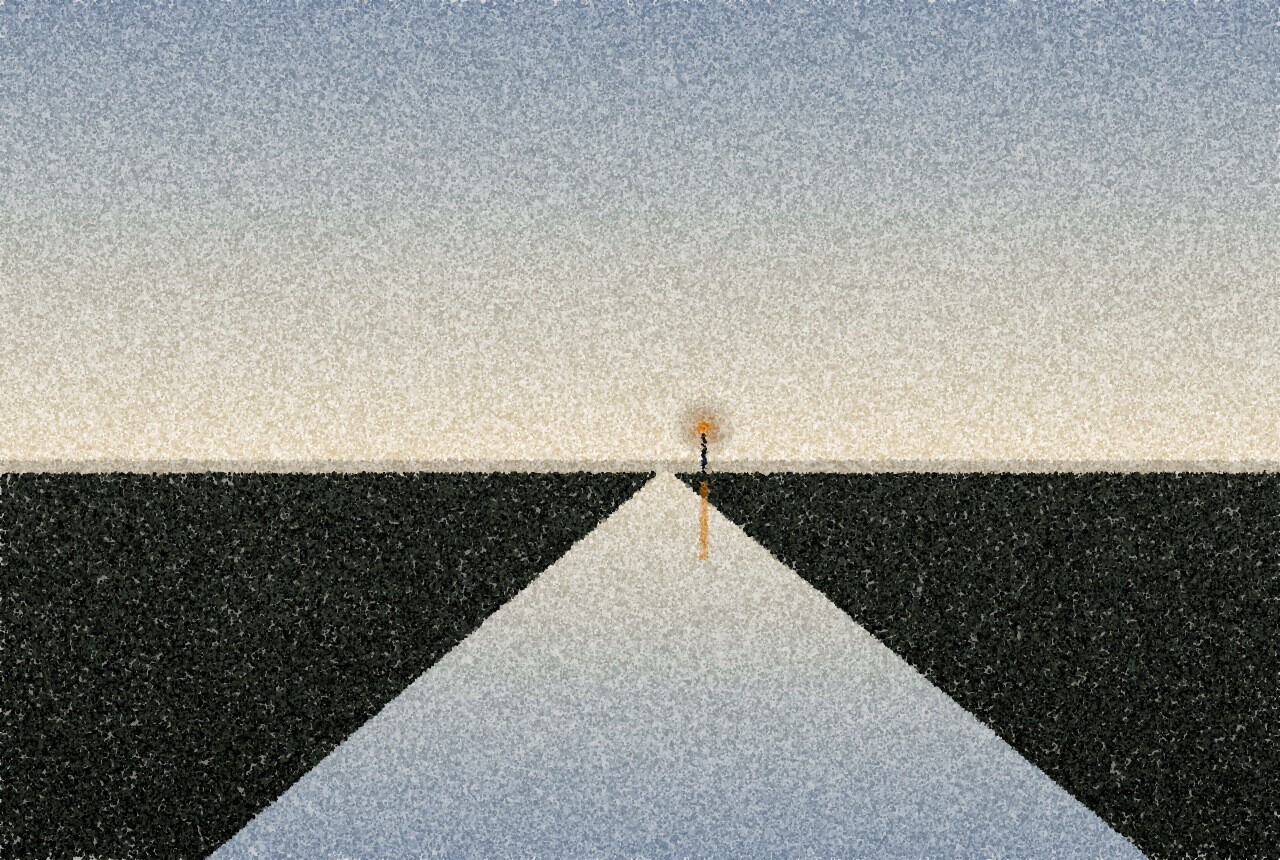 A pointillist illustration: a straight country road at dusk disappearing towards a low horizon, its surface covered by still floodwater that mirrors a pale sky between dark embankments, with one amber point of light reflected from a distant street lamp.