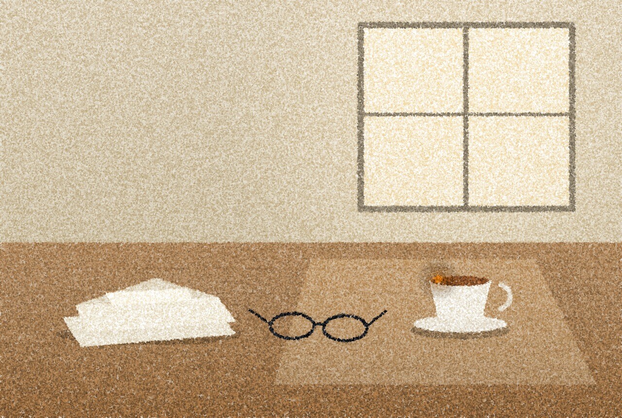 A pointillist illustration: a kitchen table by a window with a cup of tea, a pair of reading glasses and a small stack of opened envelopes, soft morning light falling across the wood, with one small amber point of light on the rim of the cup.