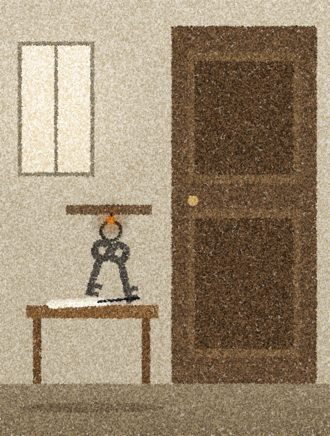 A pointillist illustration: a set of house keys hanging from a hook beside a front door in a tall narrow frame, a small table beneath with a folded sheet of paper and a pen, pale light from a side window, and one amber point of light on the key ring.