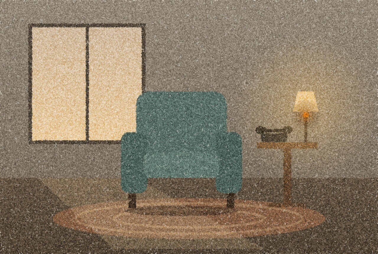 A pointillist illustration: an empty armchair beside a window at dusk, a small side table with a telephone and a lamp, long shadows across a patterned rug, and one small amber point of light from the lamp.