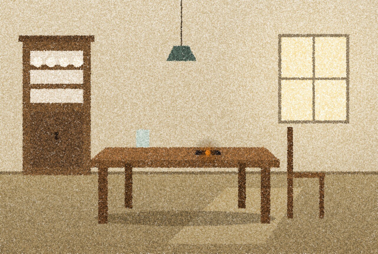 点描画:朝の光が差す静かな台所。部屋の中央に頑丈な木のテーブル、壁際に背の高い食器棚、上につり下げ式の照明。テーブルに置かれた電話に小さな琥珀色の光が一つ。