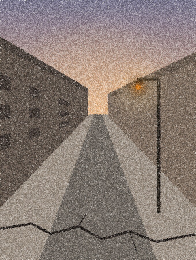 点描画:夕暮れの、簡素な低い建物が並ぶ静かな通りを縦長に見通した景色。手前の歩道を横切るひび割れと、1本の街灯。街灯に琥珀色の光が一つ。