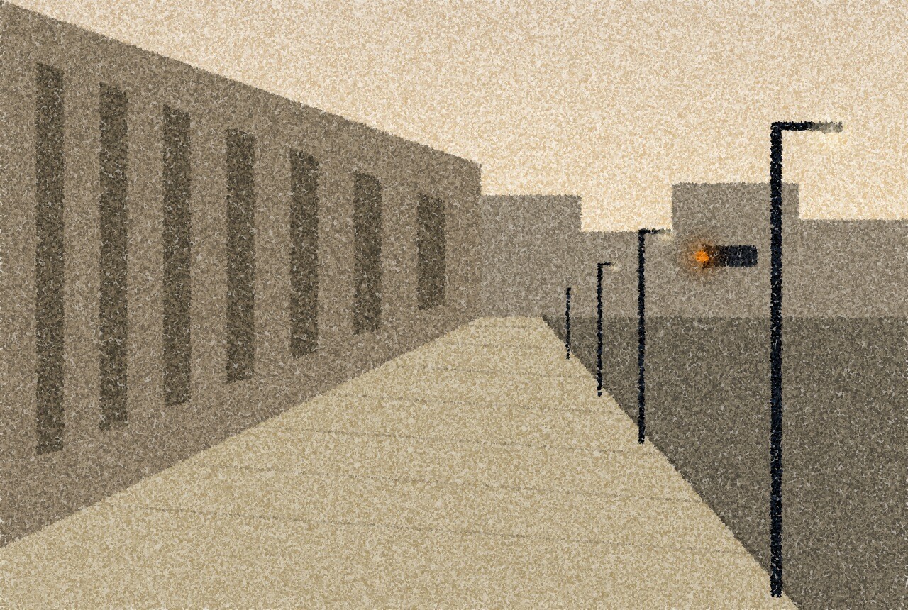 点描画:夕暮れの誰もいない街の歩道に背の高い街灯が並び、1本の柱の高い位置に小さなカメラが一つ取り付けられている。カメラのレンズに小さな琥珀色の光が一つ。