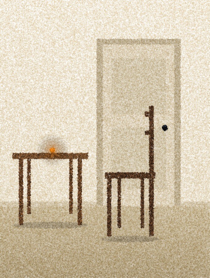 点描画:淡い色の部屋で、何も置かれていない小さな机のそばに木の椅子が一脚あり、後ろには閉じた扉。机の上に琥珀色の光が一つ。