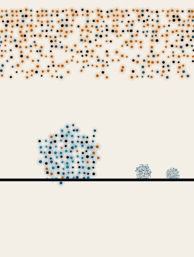 An abstract illustration in pointillist dots: a large, dense dot-sphere resting heavily on a low horizon beneath a band of warm, crowded dots in the sky, with smaller spheres standing apart in cooler, sparser air.