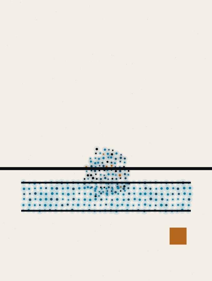 An abstract illustration in pointillist dots: a long, shallow basin of cool blue dots set into the horizon, a single dot-sphere resting half submerged in it, and one small amber square waiting on the ground beside the rim.