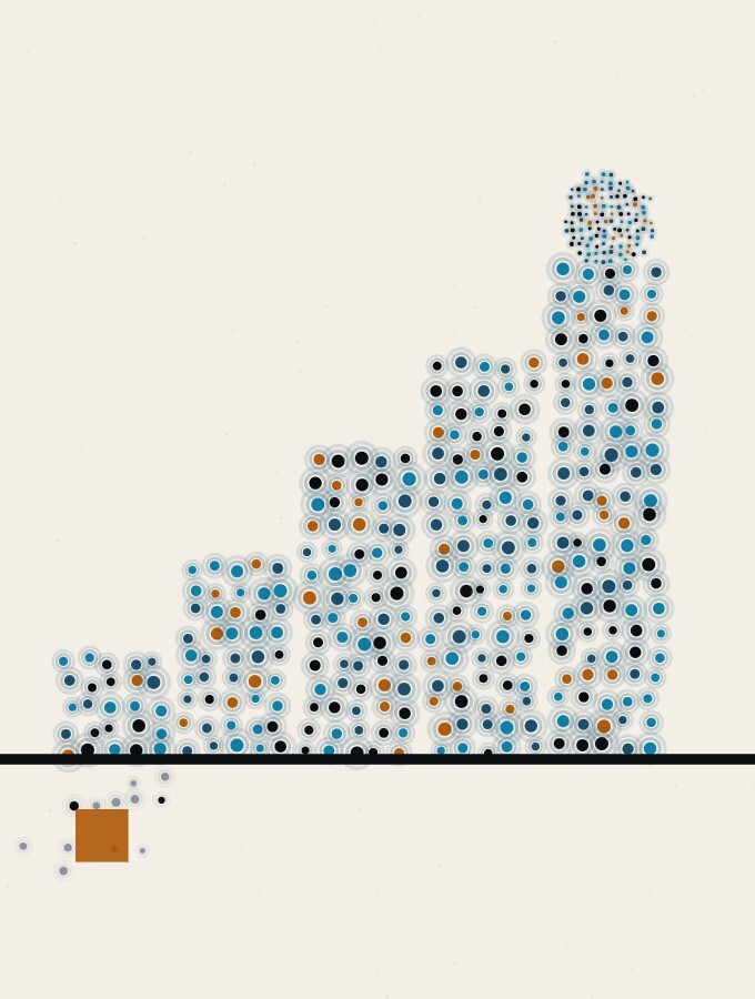 An abstract illustration in pointillist dots: a row of dot-columns rising in even steps from left to right along a horizon, a single dot-sphere resting on the tallest, and a small amber square in the cool shade of the first and lowest column.