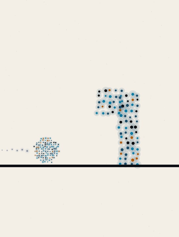 An abstract illustration in pointillist dots: a dense dot-sphere rushing low across a horizon towards a slender upright column of dots, the column bent forward at its top like a lowered head.