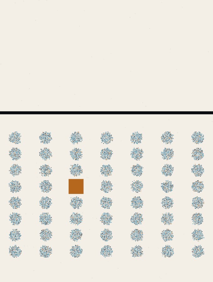 An abstract illustration in pointillist dots: a wide field of evenly spaced dots under a calm horizon, a single gap in the field where one dot is missing, and a small amber square sitting in the gap.