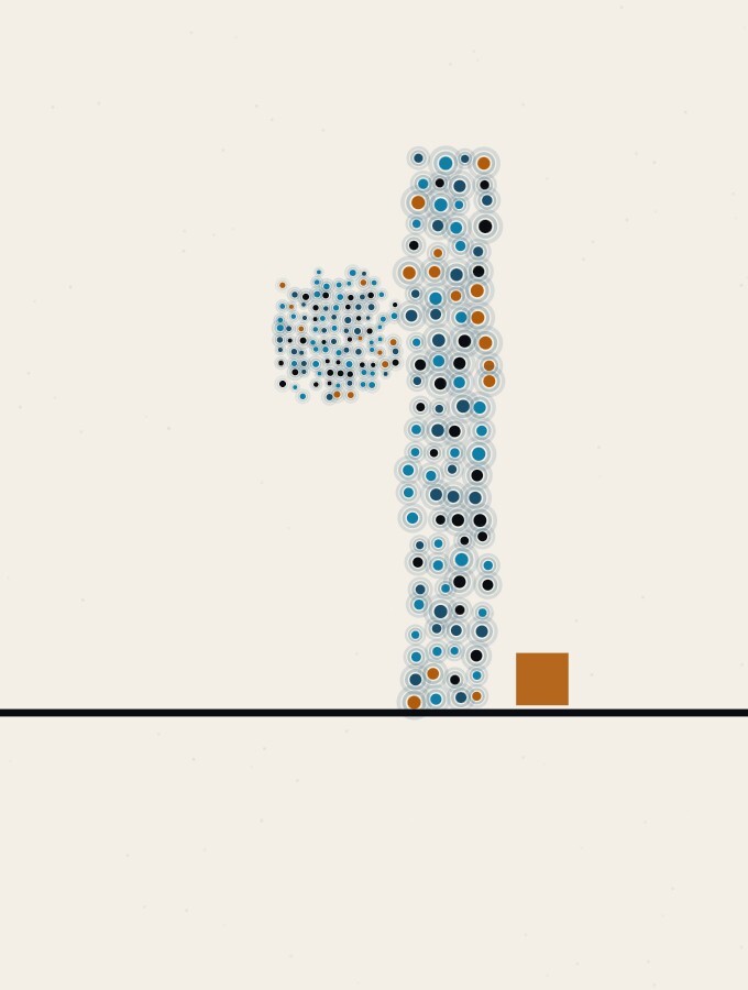 An abstract illustration in pointillist dots: a tall column of dots standing upright on a horizon, a dot-sphere meeting it at shoulder height from the side, and one small amber square resting at the column’s foot.
