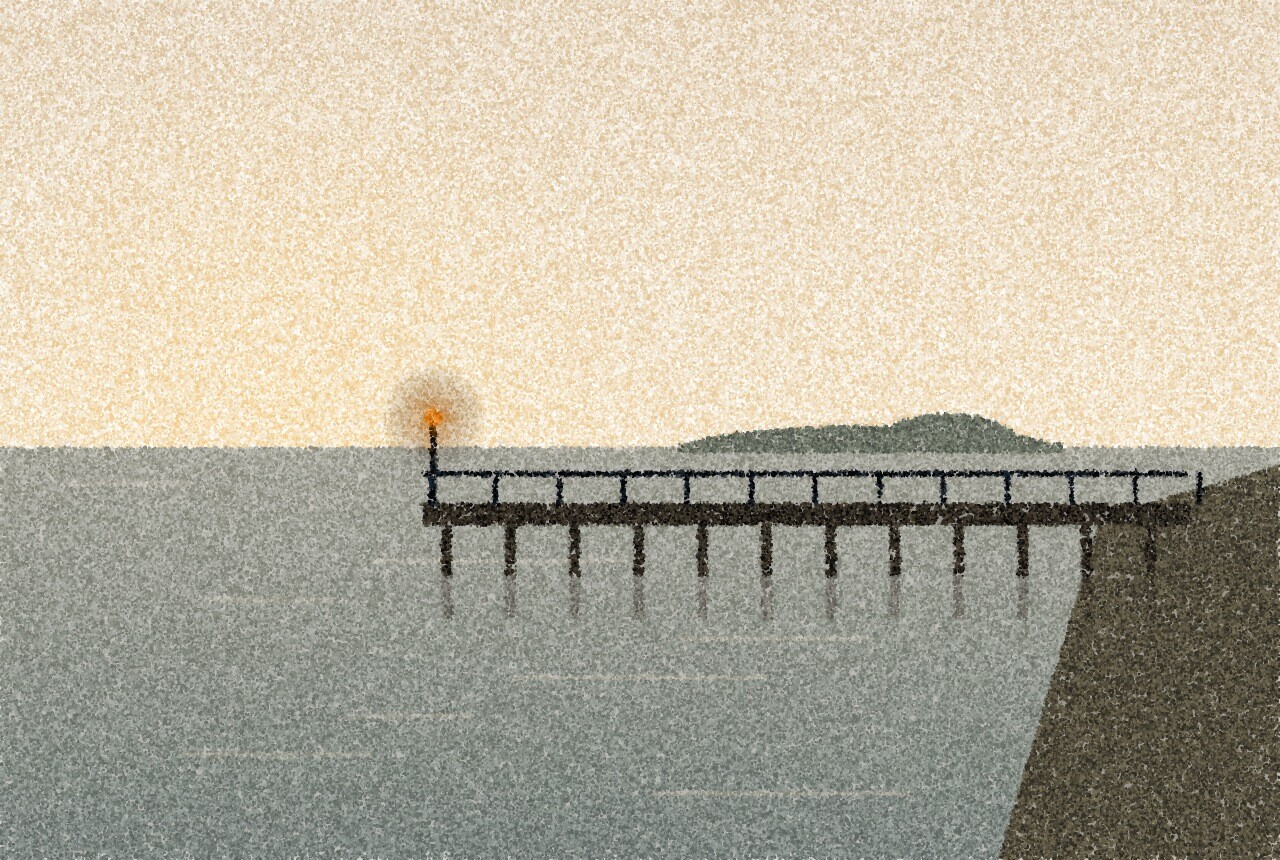 点描画：夕暮れの静かなフェリー桟橋が、平らな灰色の水面へ延びている。淡い空の下、水平線に低い島。桟橋の先に小さな琥珀色の光が一つ。