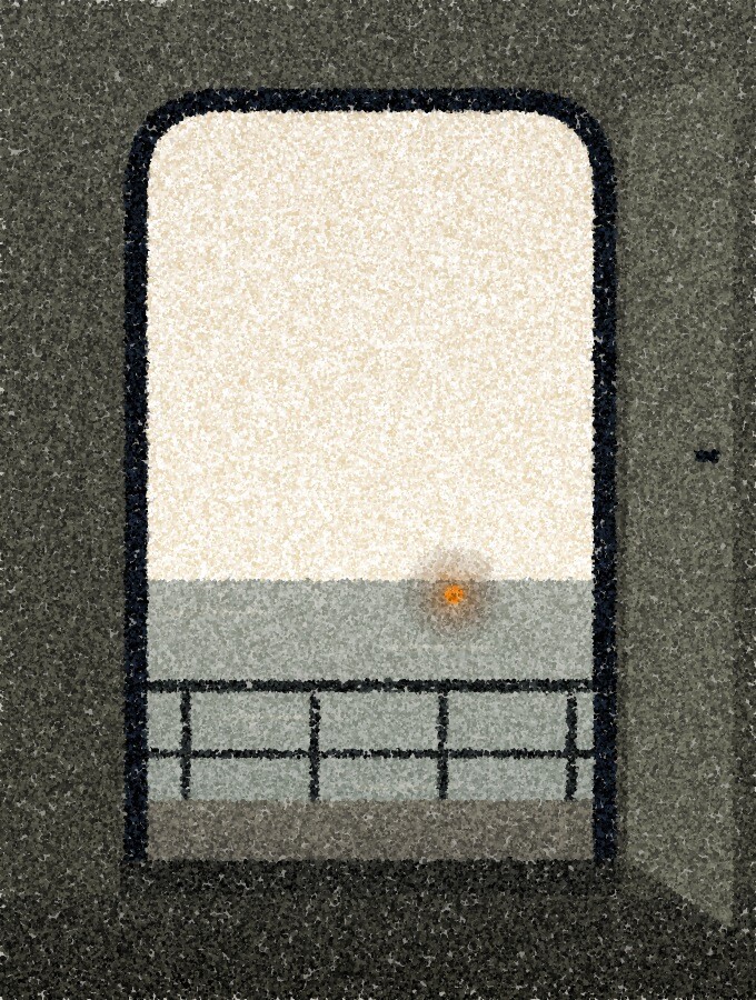 点描画：船の開いた戸口越しに、穏やかな灰色の海と淡い朝の空を縦長に見た風景。下の3分の1を手すりが横切り、遠くの水面に小さな琥珀色の光が一つ。