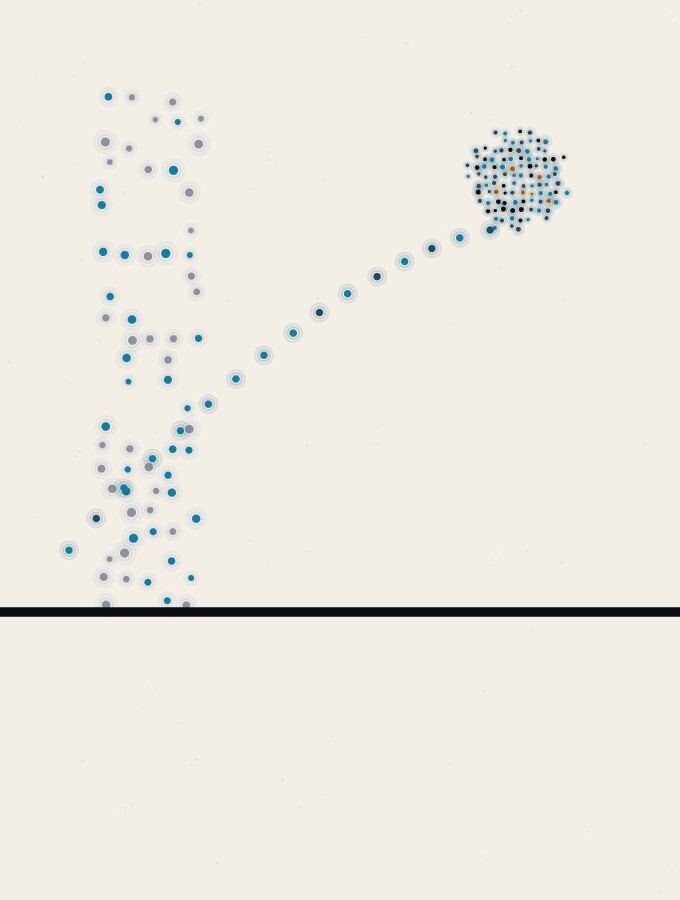 An abstract illustration in pointillist dots: a single dot-sphere suspended above a low horizon, trailing a fine curved line that ends just beyond the edge of a thin vertical veil of pale dots.