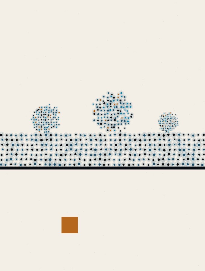 An abstract illustration in pointillist dots: a long, low wall of fine vertical dot-lines stretching across a horizon, with three dot-spheres resting against its far side and one small amber square on the open ground.