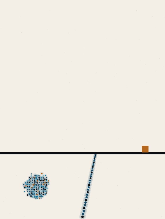 An abstract illustration in pointillist dots: a calm wide horizon with a single dot-sphere resting on the ground in the foreground, a long dotted line receding to the distance, and a small amber square standing well back from the line.
