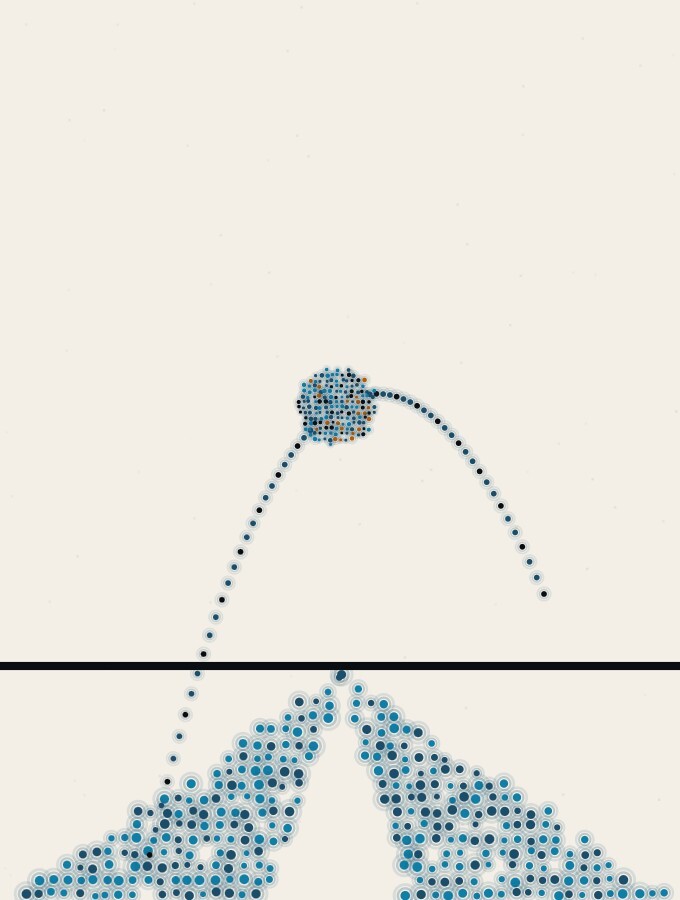 An abstract illustration in pointillist dots: two long parallel bands of dots run towards a low horizon like neighbouring fairways, and a single bright dot-sphere arcs on a dotted line from one band across to the other.